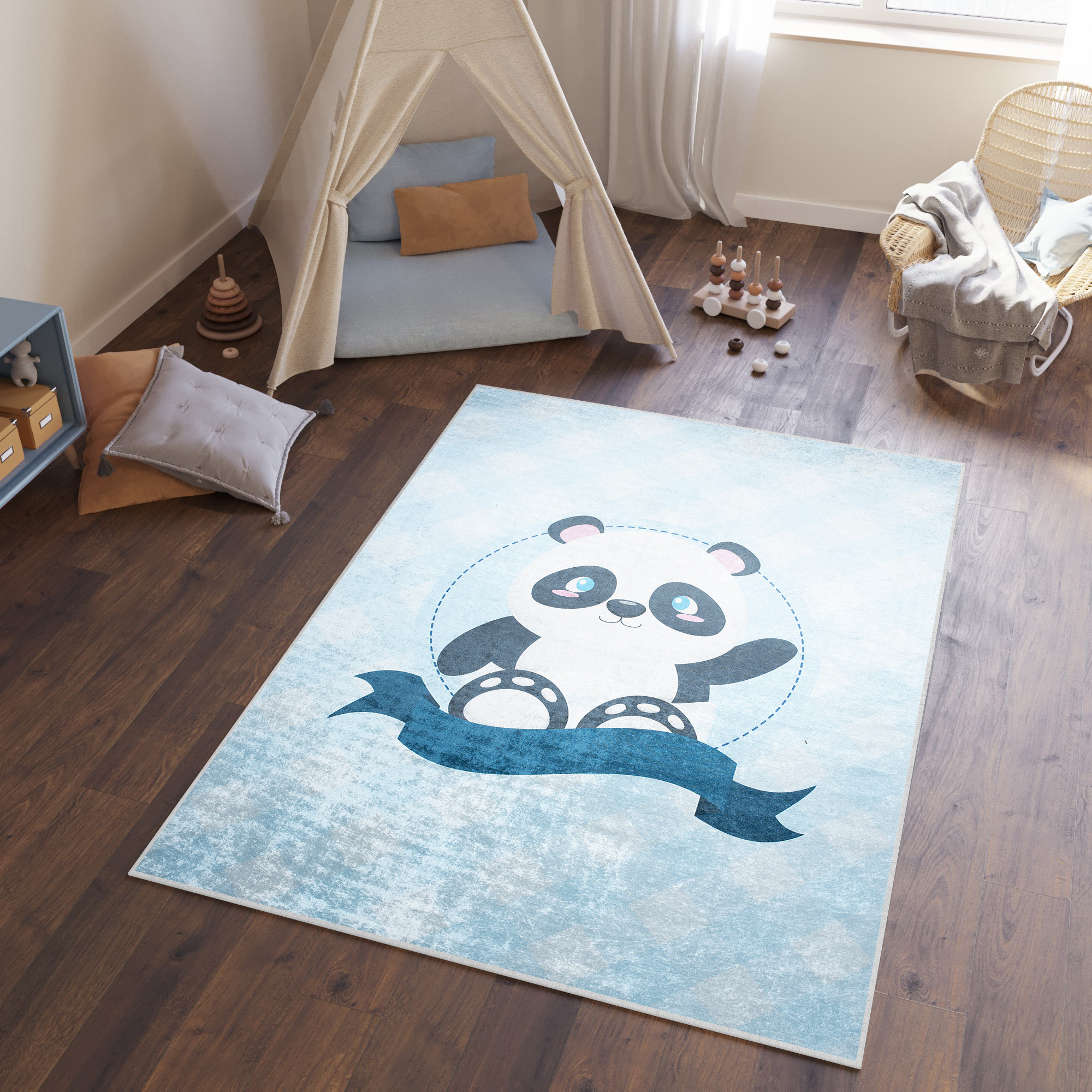 Teppich Emma Rutschfest Waschbar Blau Panda
