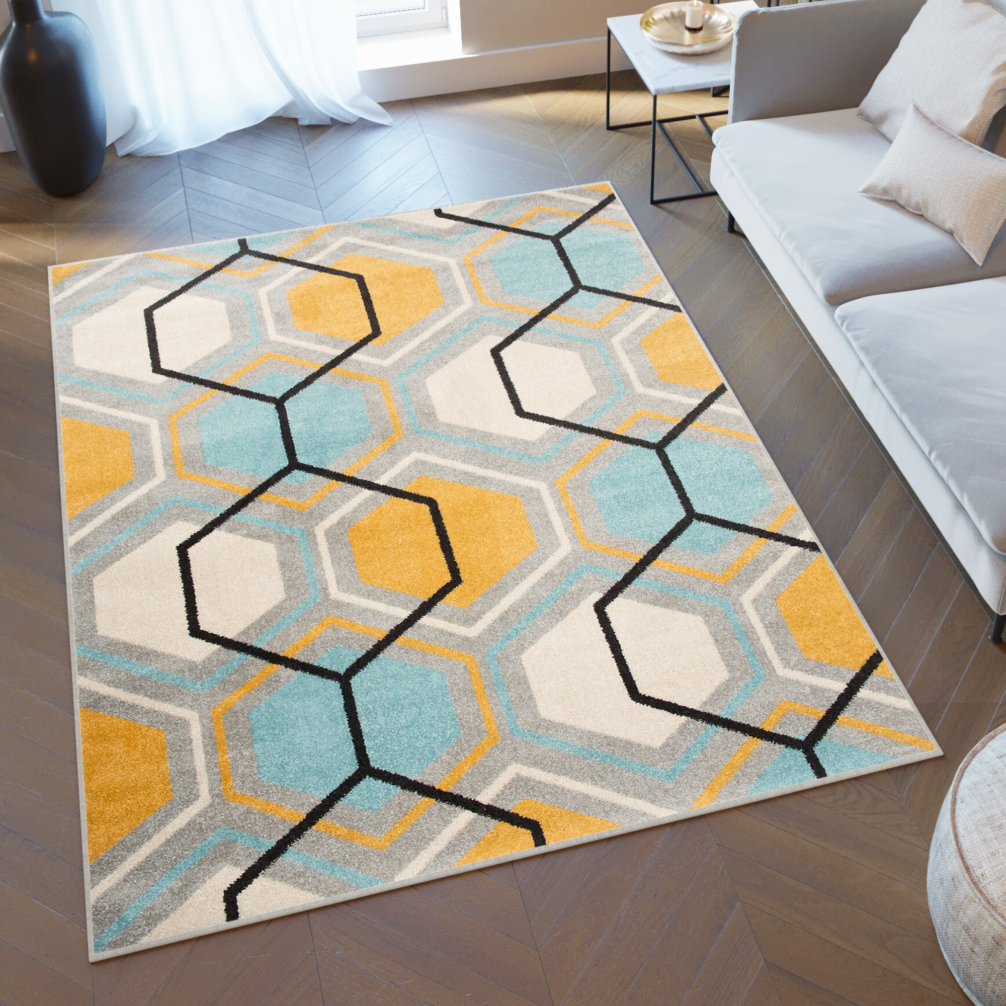 Teppich Lazur Grau Gelb Blau Geometrisch Hexagon