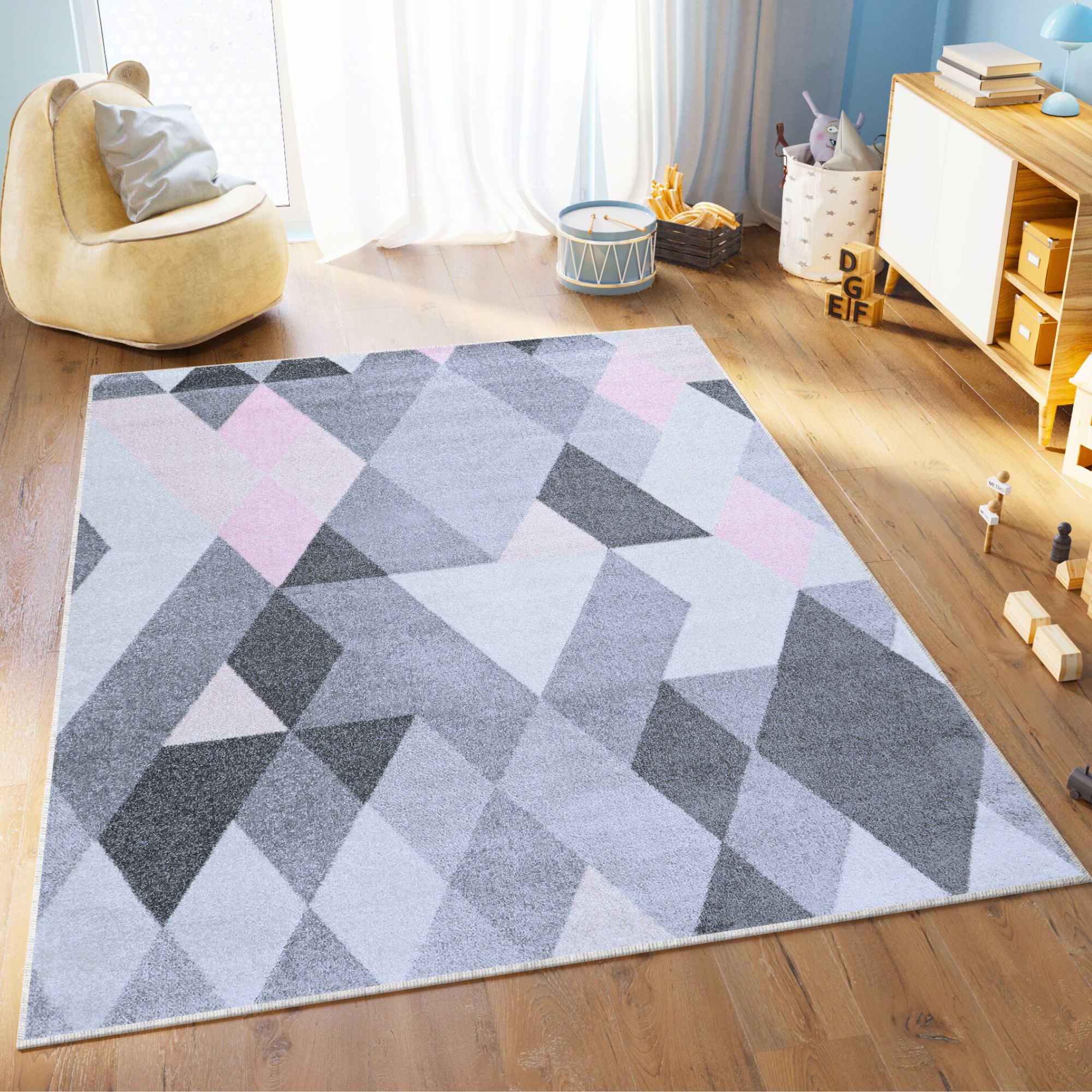 Teppich Lazur Grau Rosa Geometrisch Rauten