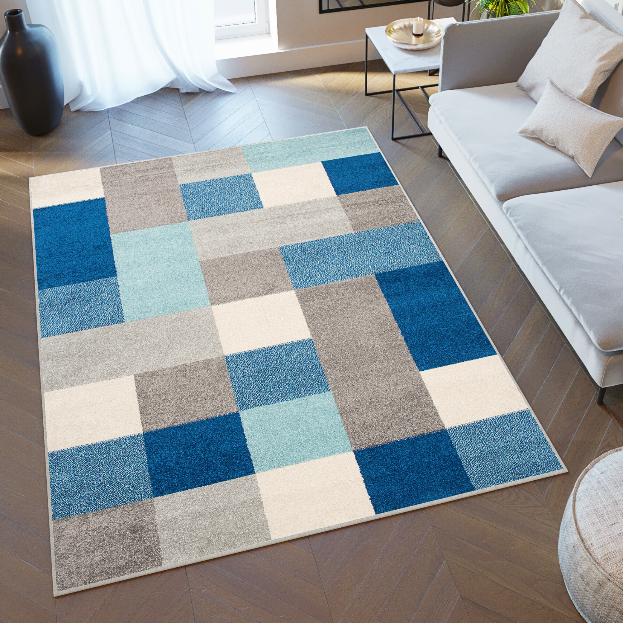 Teppich Lazur Grau Blau Geometrisch Vierecke