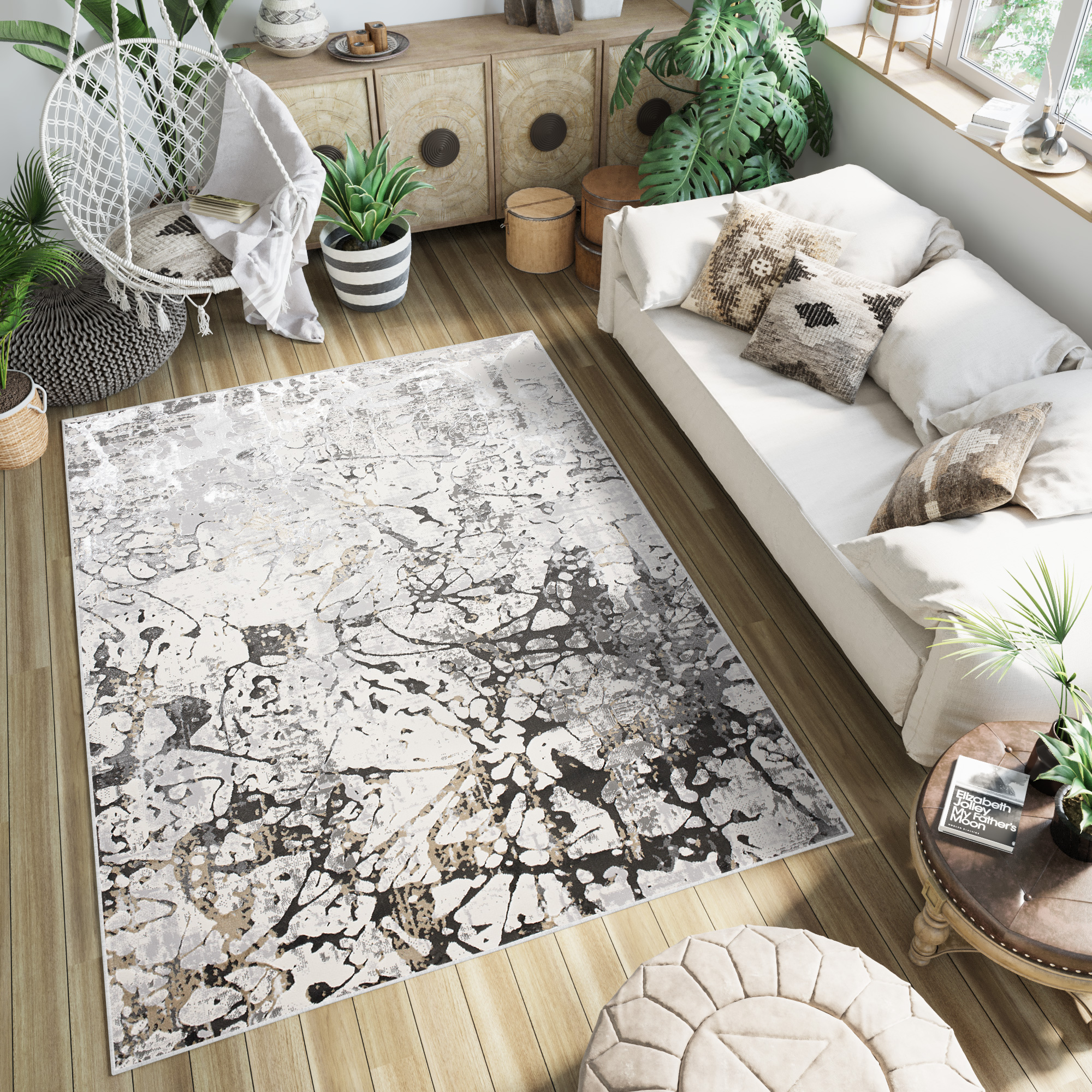 Teppich Golden Grau Creme Abstrakt