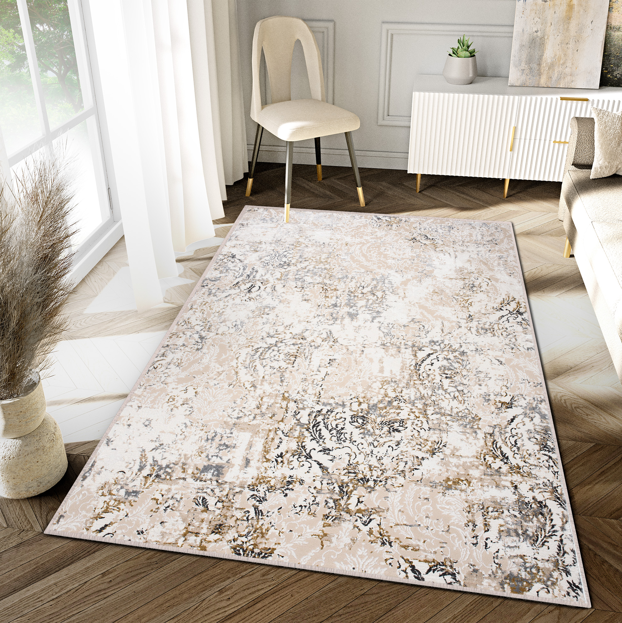 Teppich Hera Creme Beige Grau Ornamente 3D-Effekt