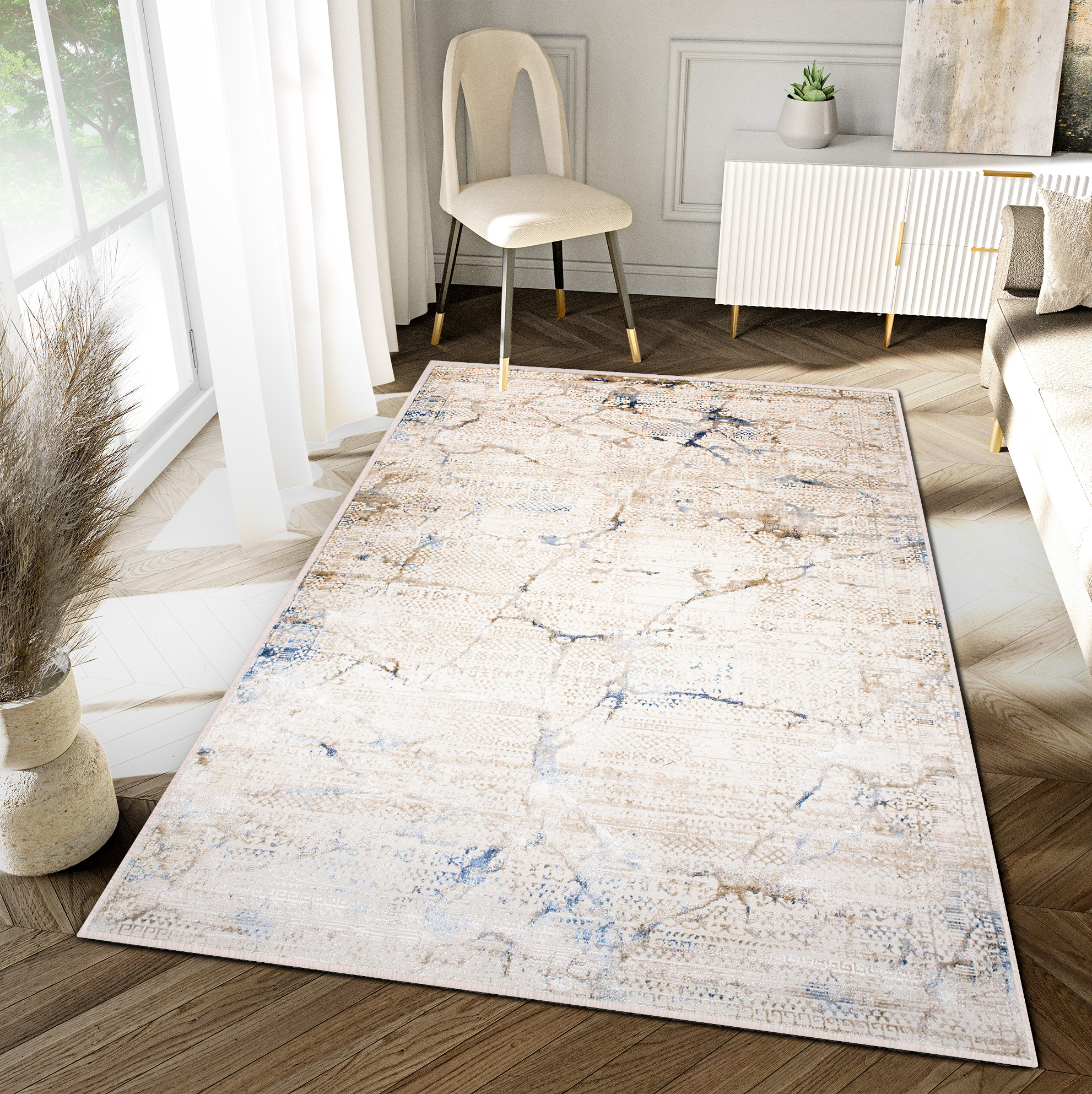 Teppich Hera Creme Beige Blau Ethno 3D-Effekt