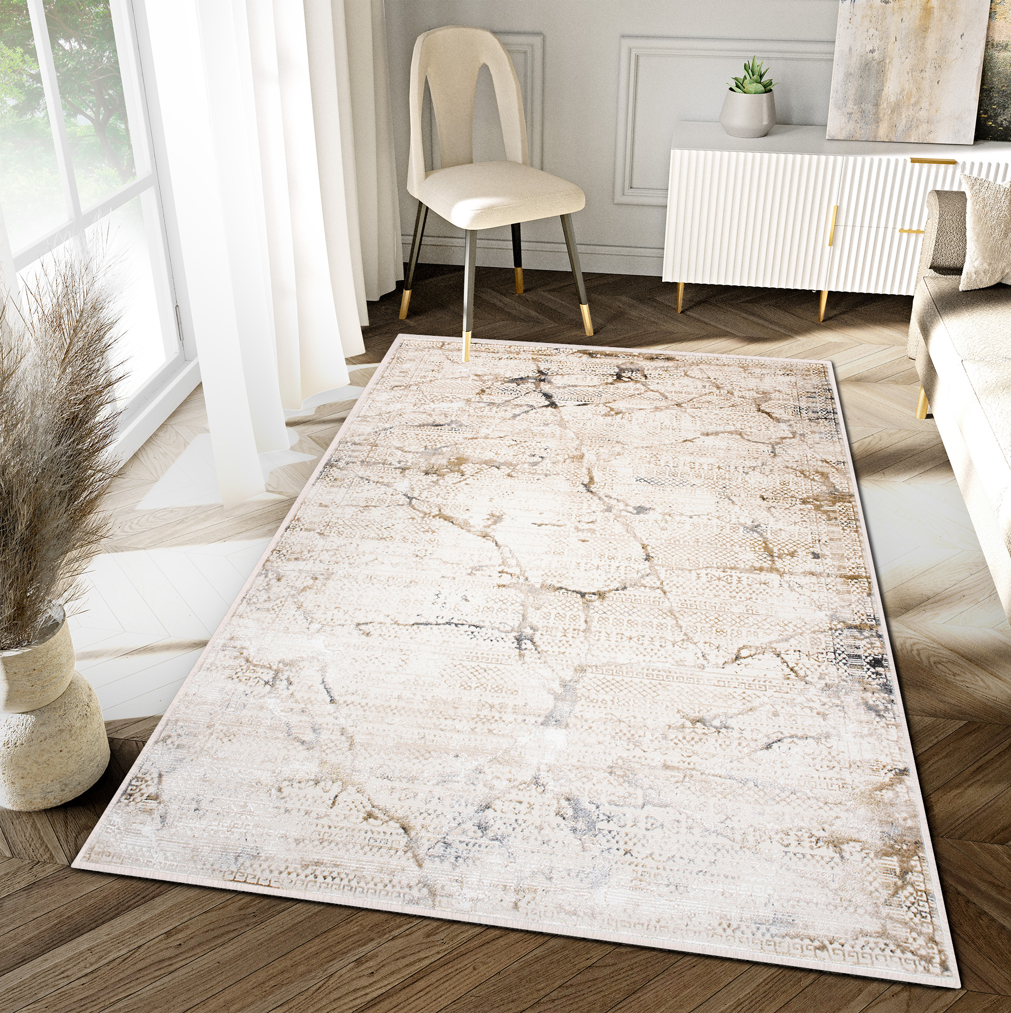 Teppich Hera Creme Beige Grau Ethno 3D-Effekt